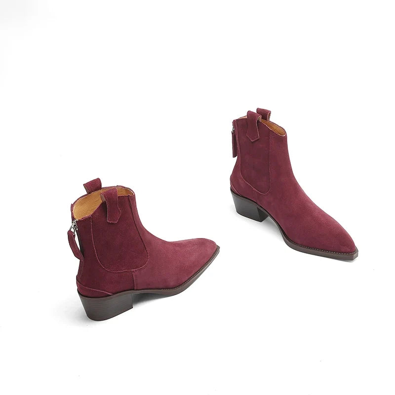 New 2025 Trend Autumn Winter Cow Suede Women Western Boots Black Brown Khaki Purple Green Burgundy Pointed Toe Lady Ankle Boots