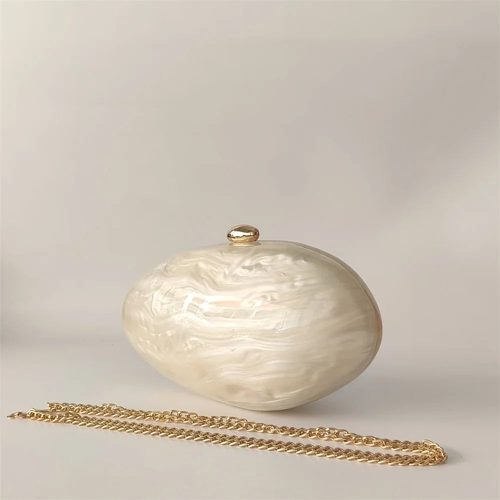Oval Marble Beige Shell Acrylic Luxury Elegant Lady Evening Bag | Cute Handbag & Wedding Girl Female Mini Purse