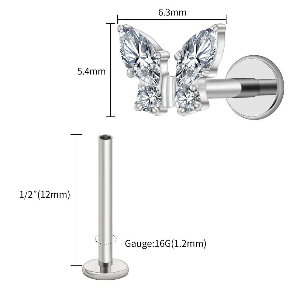 Right Grand ASTM F136 Titanium 16G Mini Butterfly CZ Labret Tragus Cartilage Conch Forward Helix Stud Nose Piercing Body Jewelry