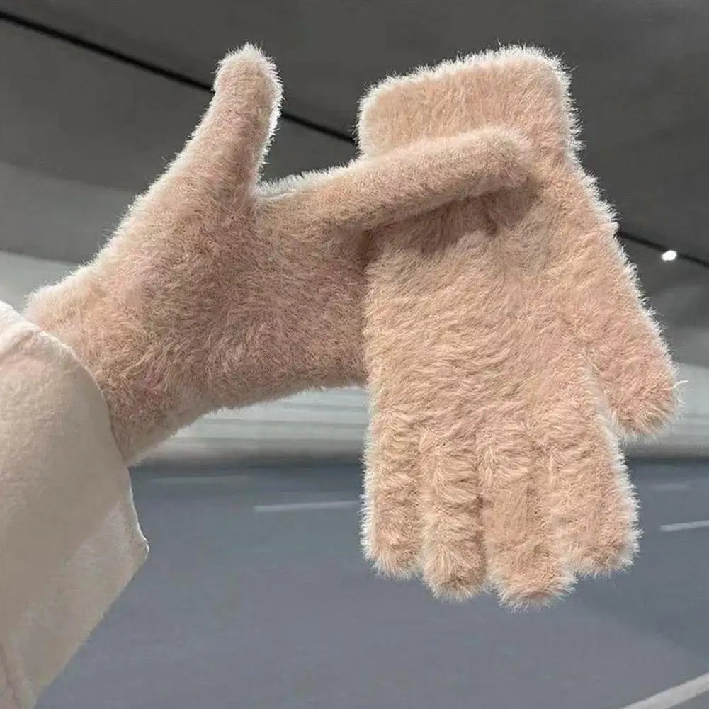 Winter Gloves Mink Velvet Five Finger Gloves Plush Warm Cold-proof Gloves Women Outdoors Cycling Solid Color Mittens