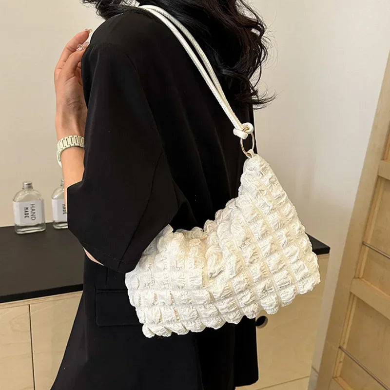 Canvas Wrinkle Bag for Women | Shoulder Bags & Pleated Bubbles Handbags (Padded Casual Underarm Quilted Tote Cloud Bag Purse)