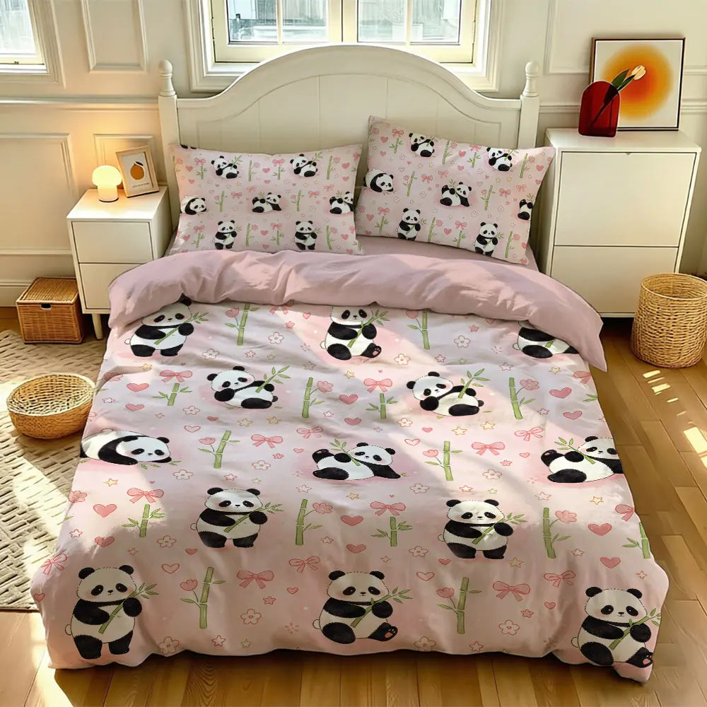 3pcs Cartoon Panda Print Coreless Duvet Cover Cool Summer Lightweight Bedding Set Multi Size Bedroom Bedding Decoration