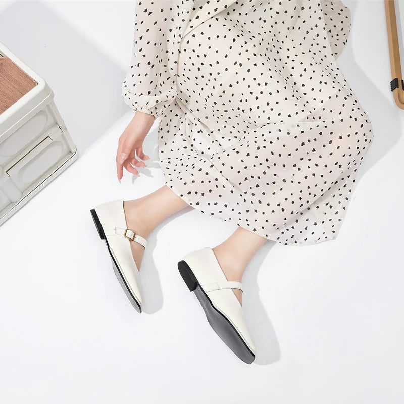 AIYUQI Mary Jane Shoes Female Genuine Leather 2026 New Snap Ballet Shoes Women Square Toe Flat Cowhide Ladies Shoes