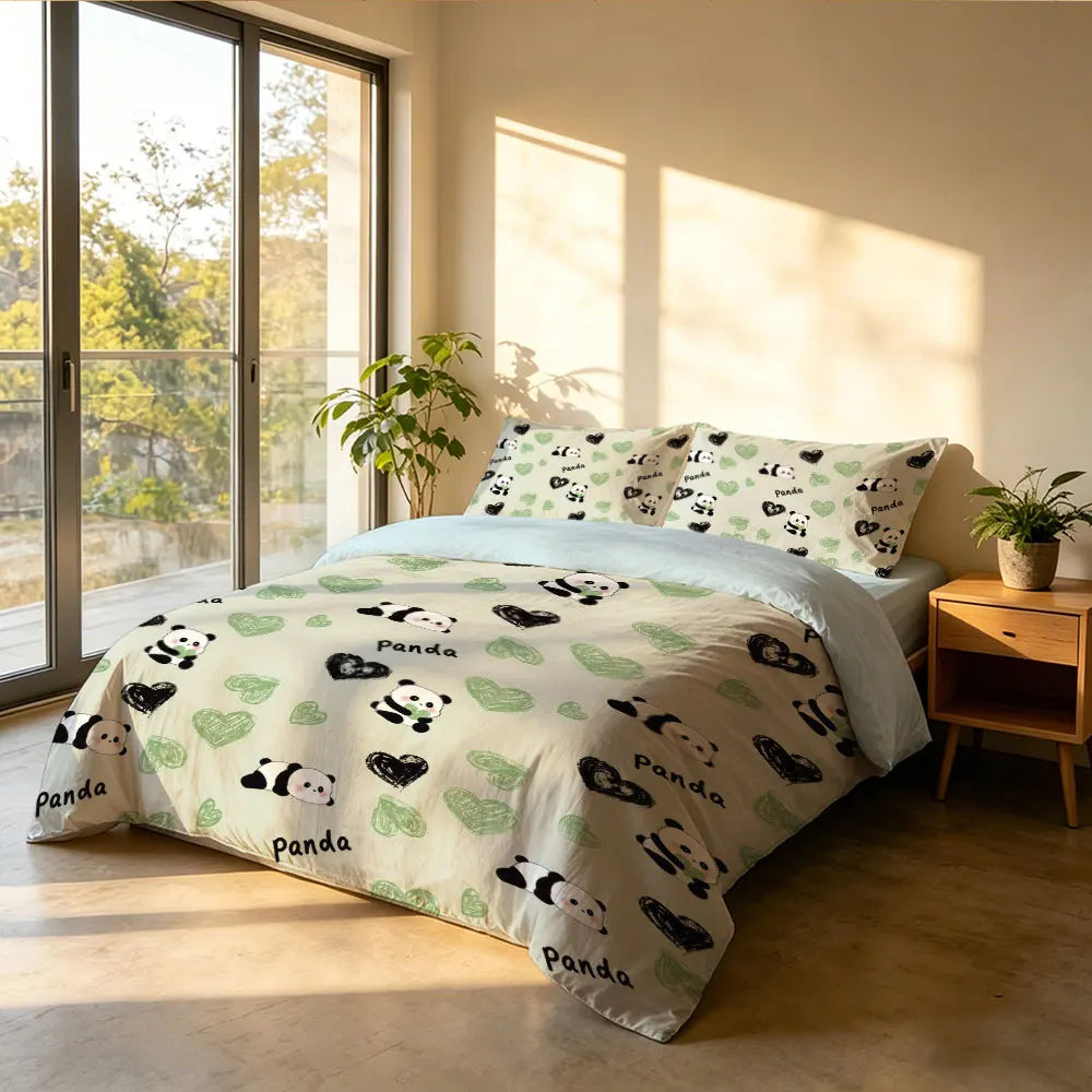 3pcs Cartoon Panda Print Coreless Duvet Cover Cool Summer Lightweight Bedding Set Multi Size Bedroom Bedding Decoration
