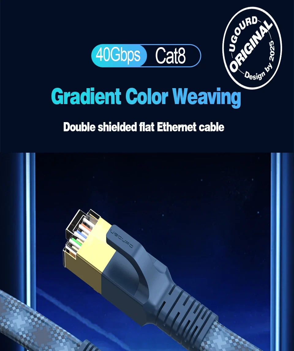 CAT 8 Flat Network Internet Cable 40Gbps 2000MHz Round RJ45 Nylon Braided LAN Cable Patch Cord for Modem Router PC PS4/5/6 Xbox