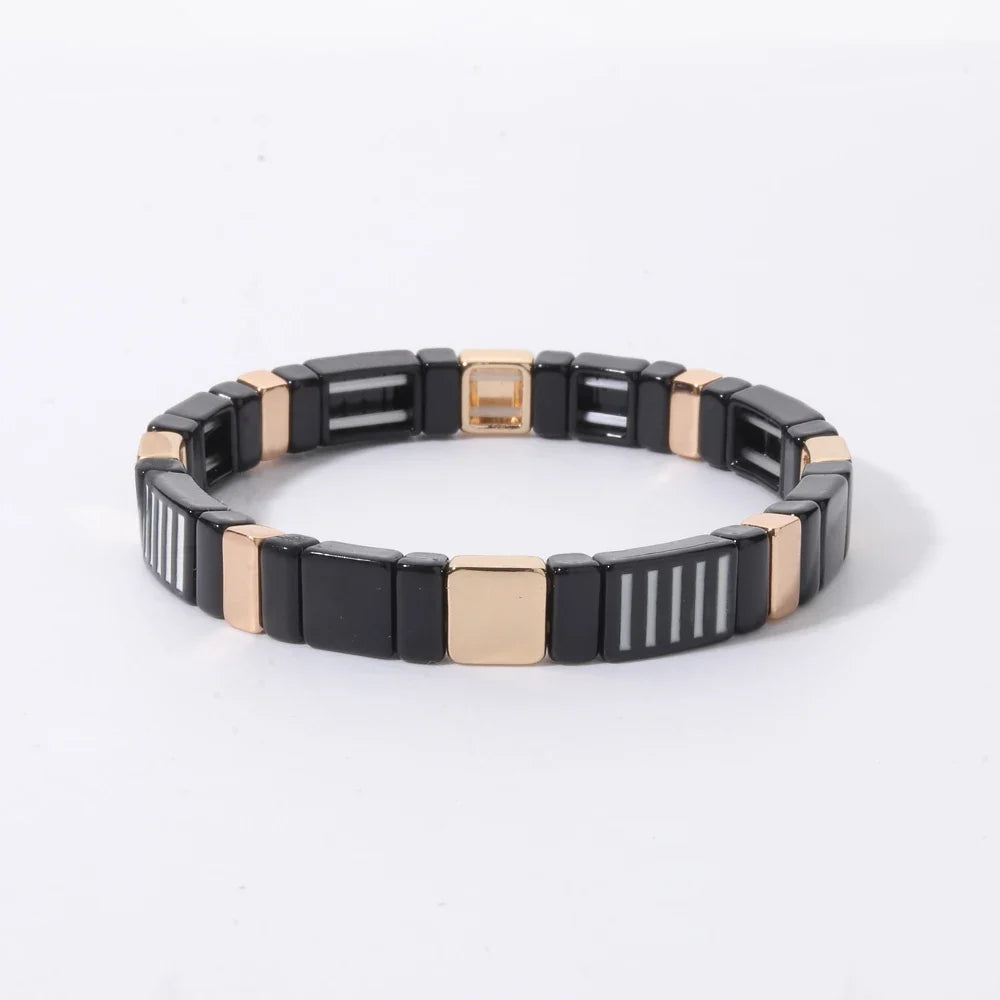 2026 New Black Gold Color Beaded Bangle for Women and Men Handmade Elastic hand Wrist Bracelets