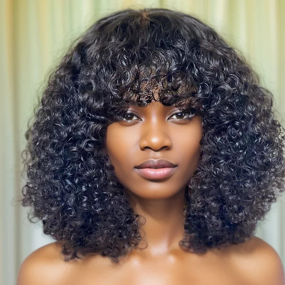 Curly Short Bob Cut Human Hair Wigs With Bangs Kinky Curly Bob Wig Brazilian Remy Hair Full Machine Made