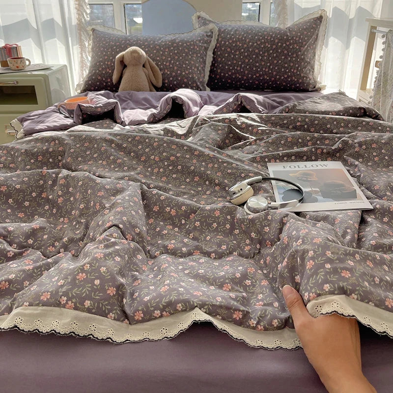 Summer Quilt Korean Style Duvet with Lace Single/Queen Size Comforter Flower Printed Quilted Blanket 여름이불 (No Pillowcase)