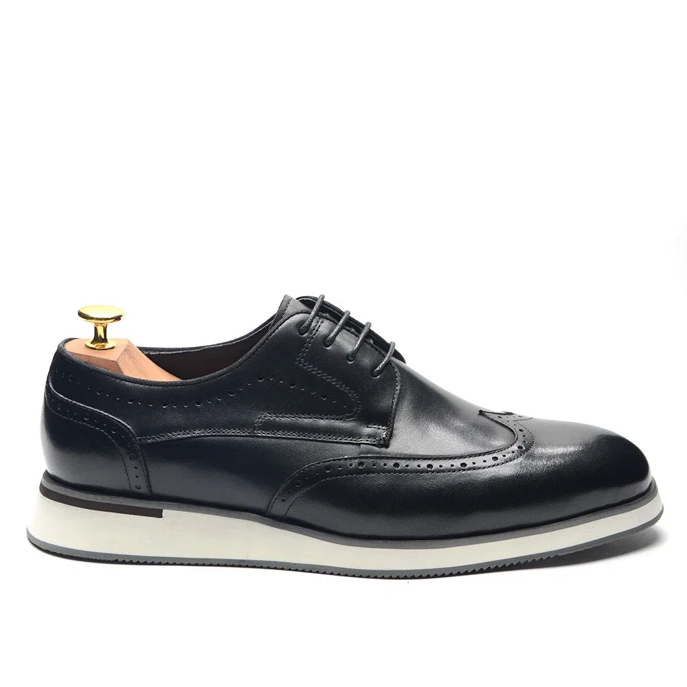 Men's Natural Cowhide Genuine Leather Derby Dress Shoes | Brogue Wingtip Flat Shoes (Black, Wine Red)