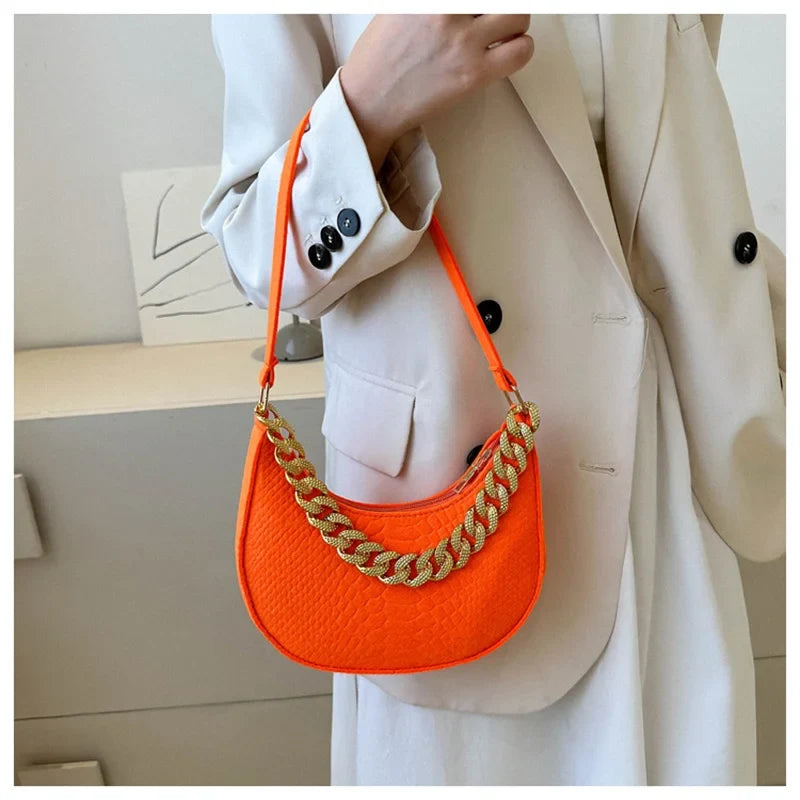 Fashion Women's Felt Handbag | Imitation Metal Chain Underarm Bag (Retro Ladies Solid Color Shoulder Bag, Trendy Casual Clutch Purse)
