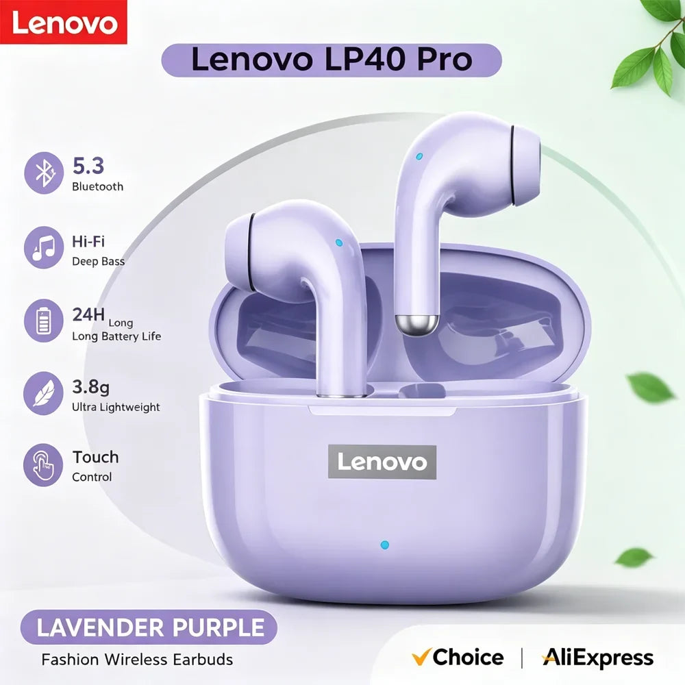 Lenovo LP40 Pro TWS Bluetooth 5.4 Wireless Headphones HiFi Stereo Earphones Gaming Sports Touch Control HD Call With Mic Earbuds