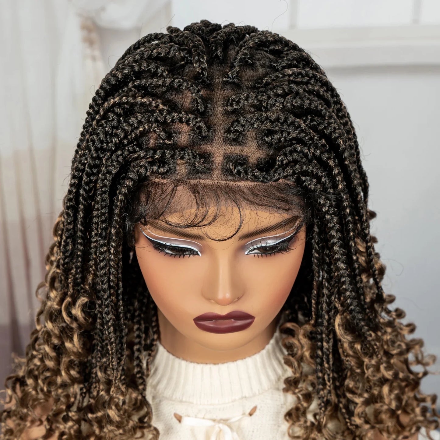 Burgundy Boho Knotless Braids Bob Wig with Curly Ends | Full Lace