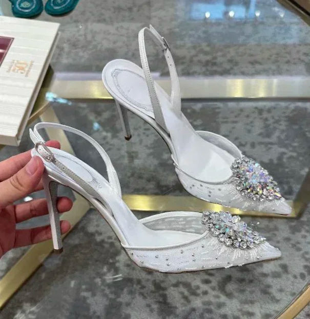 White Wedding Shoes, Rhinestone Pointed Crystal Toe Sandals, New High-heeled Shoes, Sexy Single Shoes