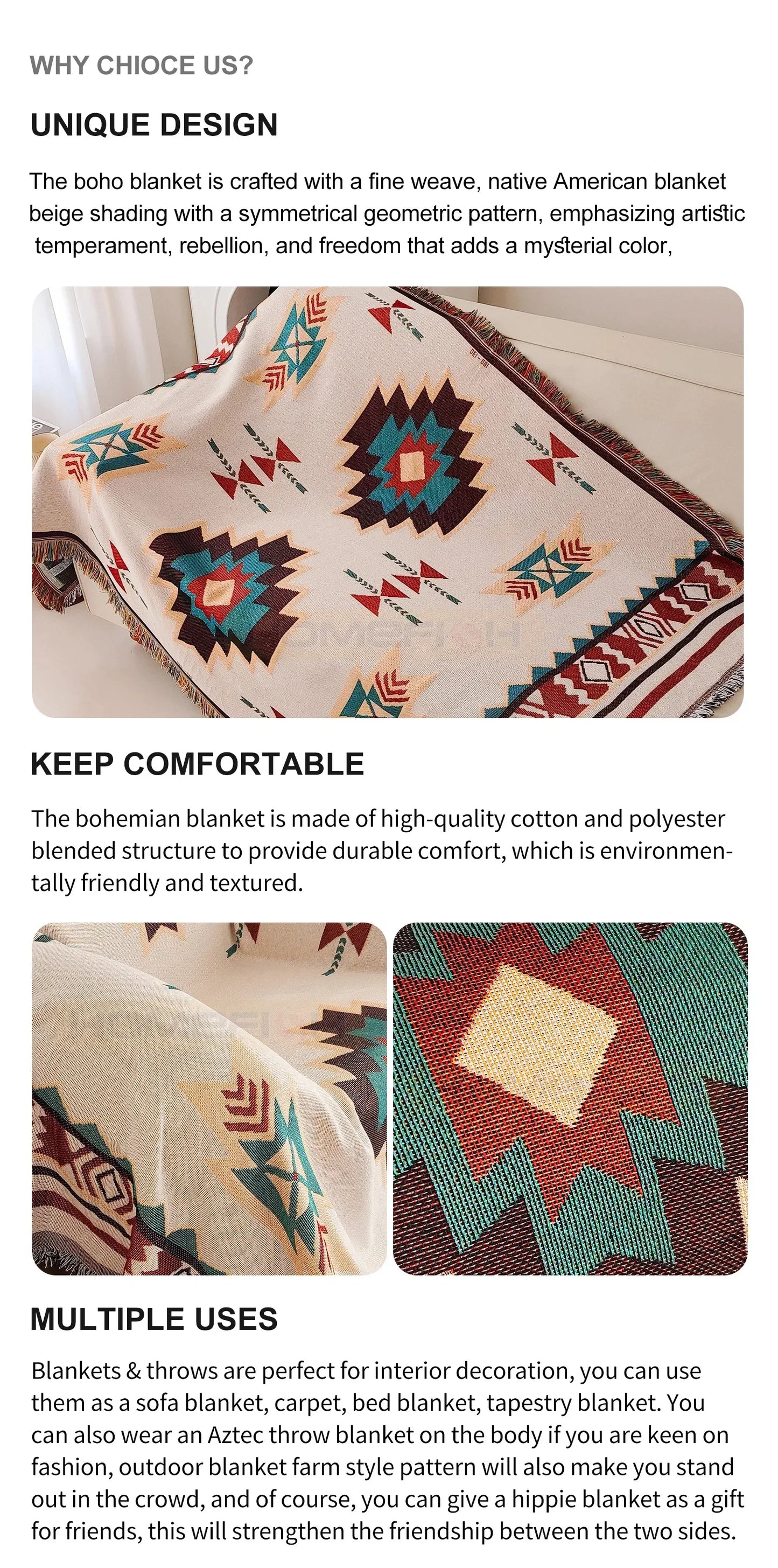 Aztec Blanket Oversized Boho Throw Blanket with Fringe Southwestern Geometric Tapestry Vintage Woven Throw Blankets Double-S