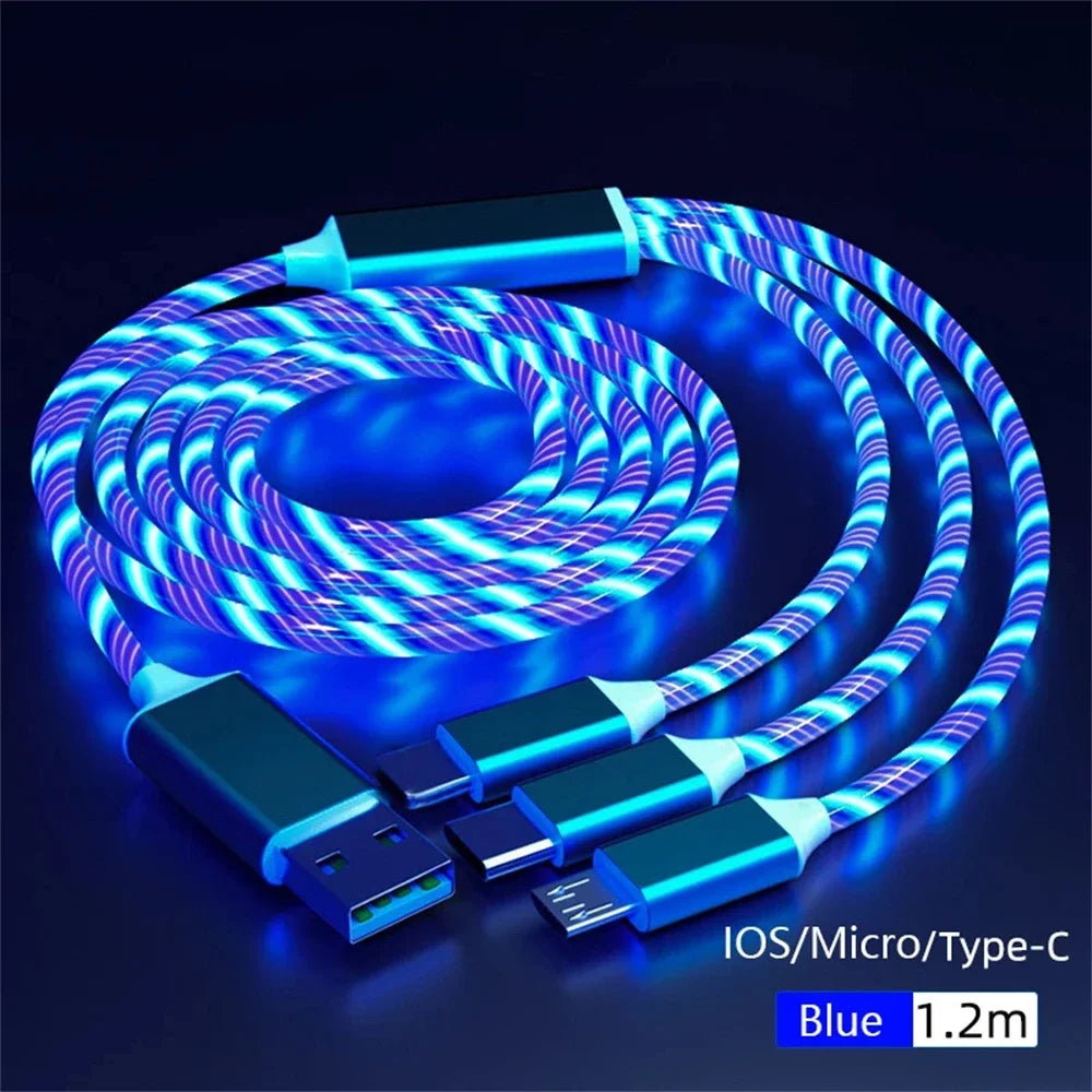 Glowing LED Light USB 3 IN 1 cable Phone Fast Charging Charger Luminous Type C Cable For Xiaomi iPhone Phone Accessories