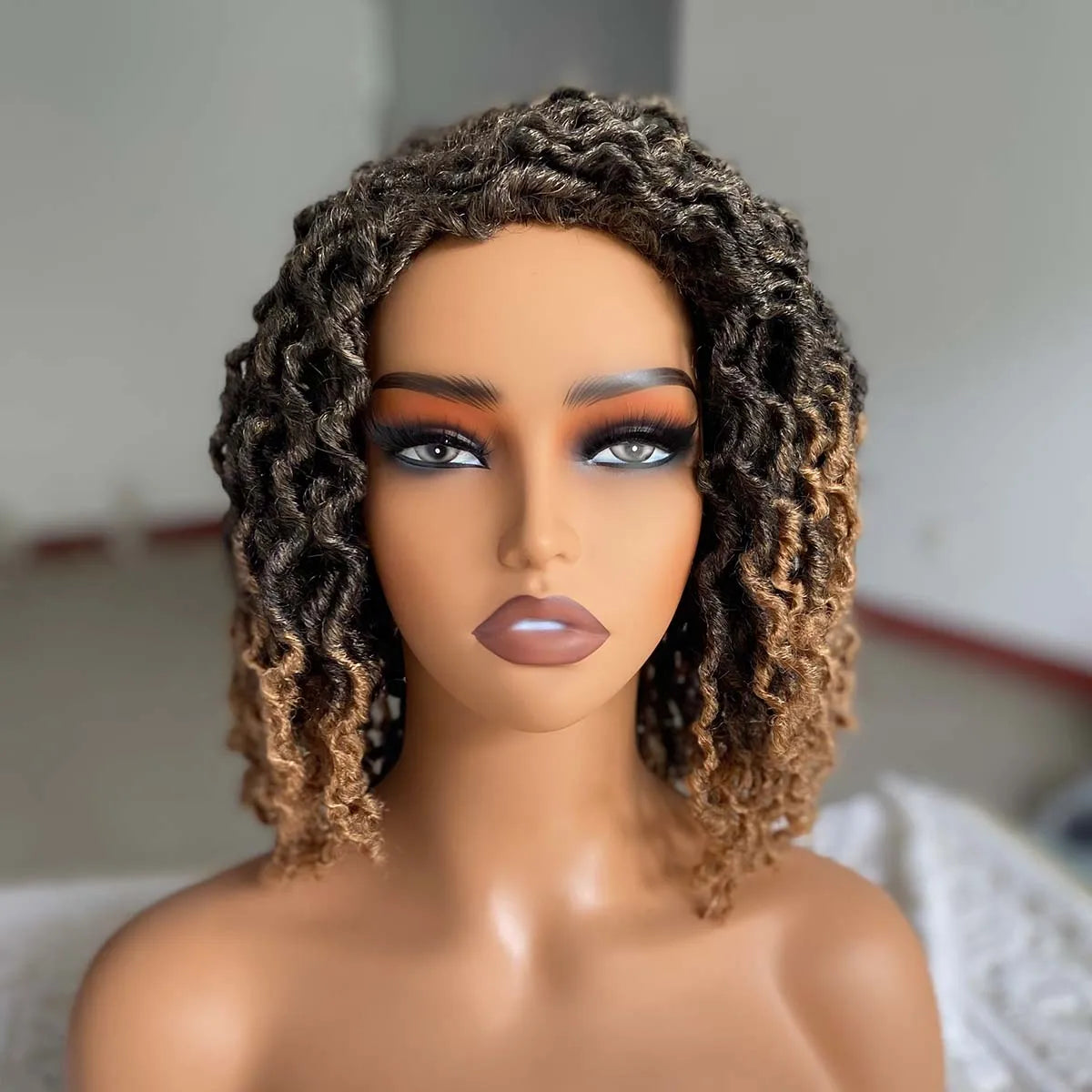 Short Goddess Faux Locs Wig | Brown Highlight Crochet Dreadlock Wig