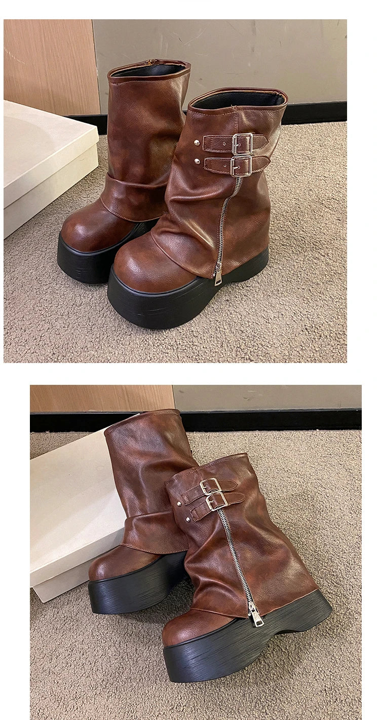 Soft Leather Ankle Mid Calf Boots Winter Autumn High Platform Wedge British Booties Woman New Ladies Chunky Motorcycle Boots 9CM