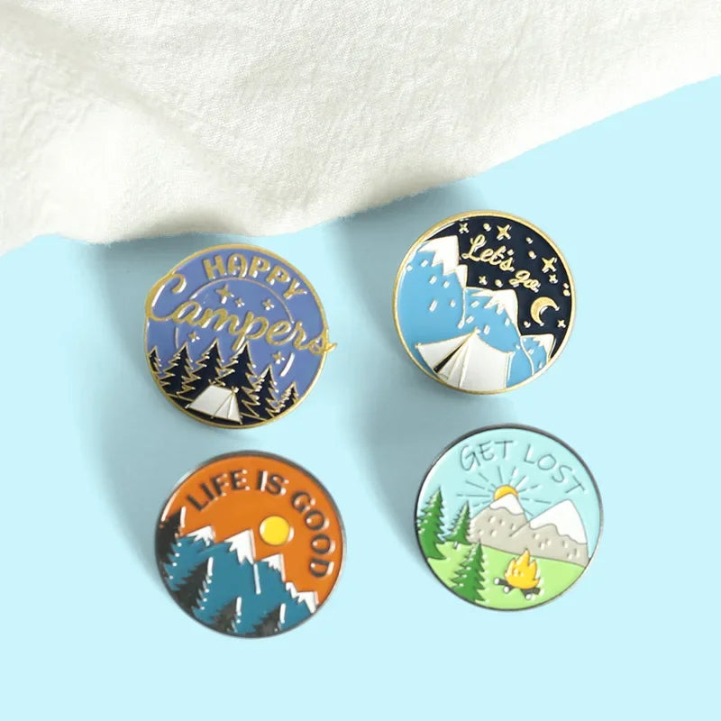 Scenic Snow Mountain Pine Tree Pattern Enamel Pin Social Power Brooch Custom Bag Lapel Shirt Badge Fun Cartoon Jewelry Gift for