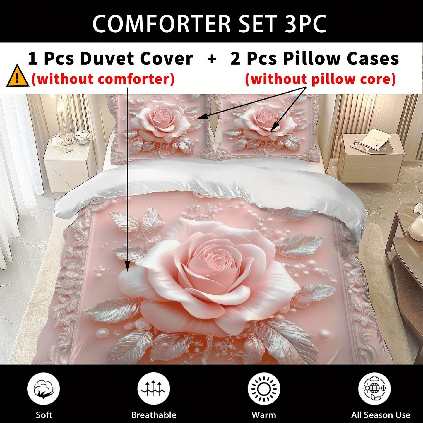 Latacaca 2/3Pcs Pink Rose Duvet Cover Set, Soft Comfortable Floral Bedding with Pillowcases, Machine Washable Queen King Size