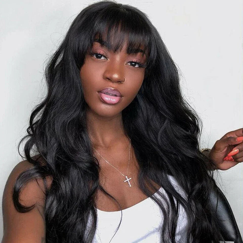 Natural Color 24" Body Wave Wig with Bangs | 180% Density Remy Human Hair Middle Part Lace