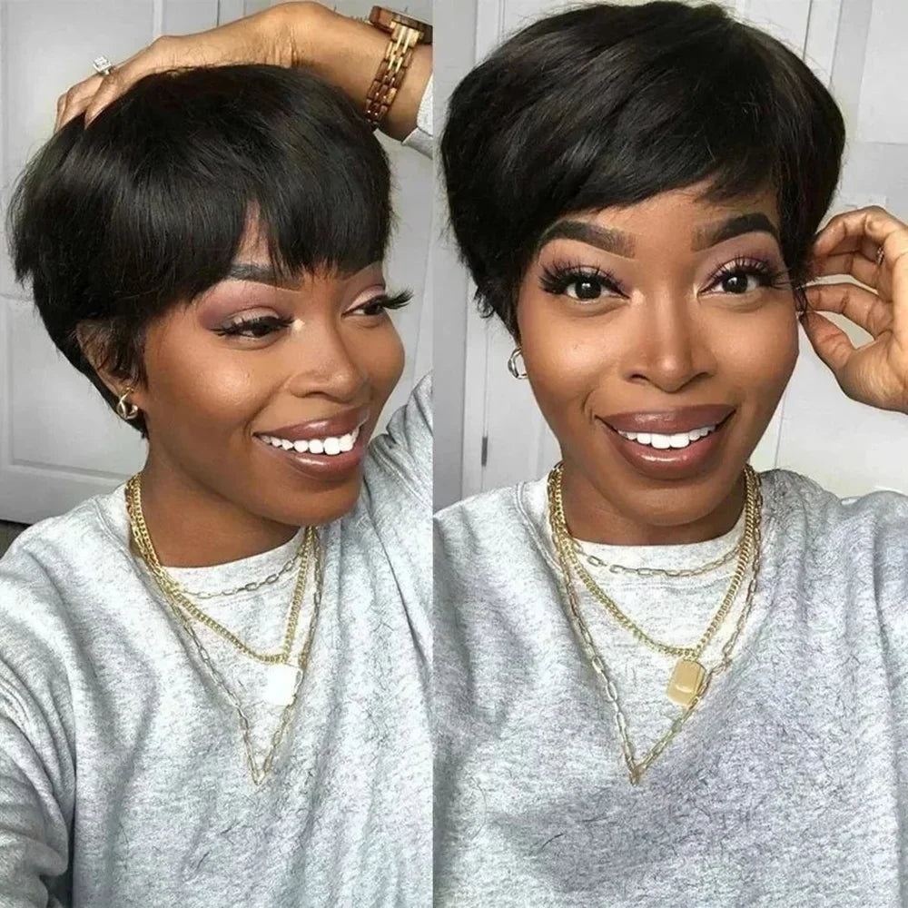 Short Pixie Cut Human Hair Wig with Bangs | Brazilian Remy, Machine Made