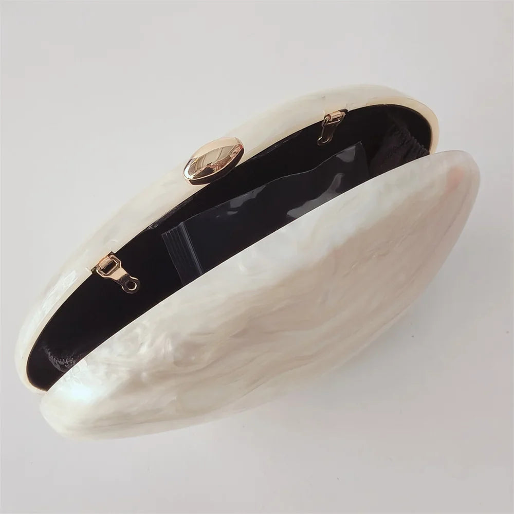 Oval Marble Beige Shell Acrylic Luxury Elegant Lady Evening Bag | Cute Handbag & Wedding Girl Female Mini Purse