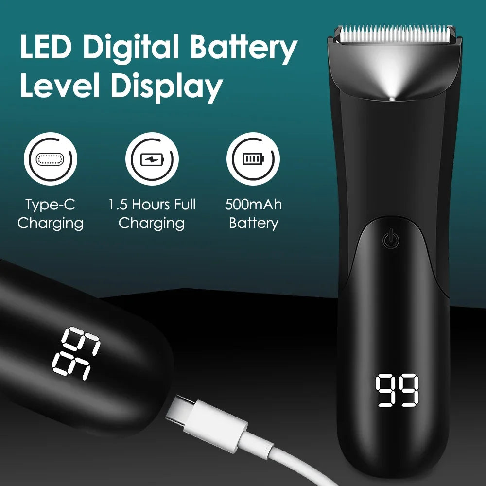 Electric Groin Body Hair Trimmer for Men Ceramic Blade Head Pubic Hair Ball Shaver Travel LED Display Body Chest Hair Razor