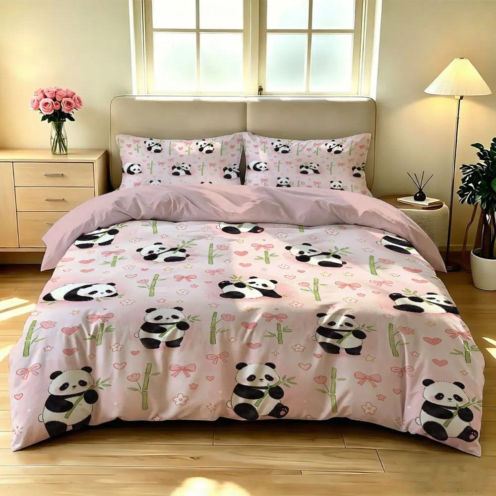 3pcs Cartoon Panda Print Coreless Duvet Cover Cool Summer Lightweight Bedding Set Multi Size Bedroom Bedding Decoration