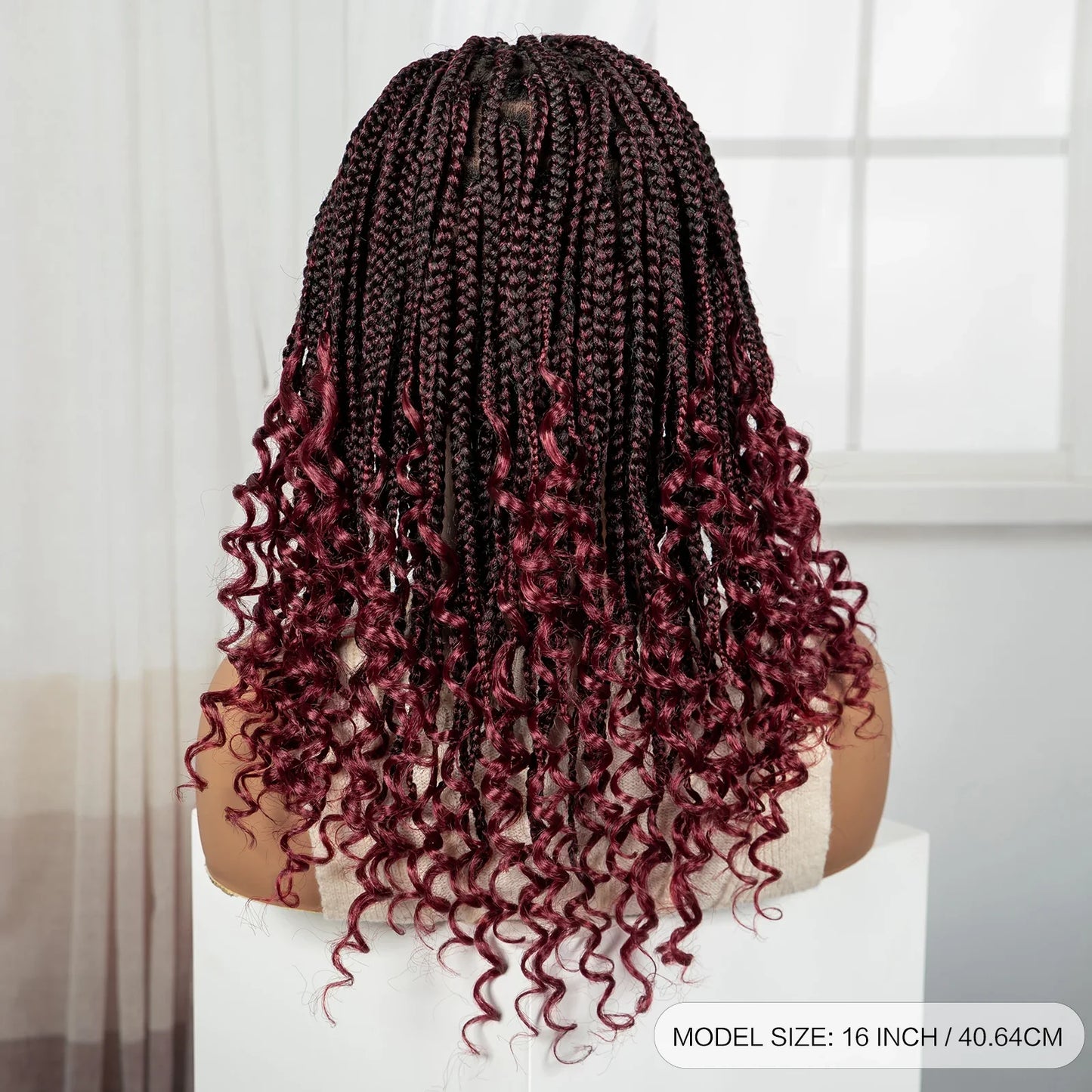 Burgundy Boho Knotless Braids Bob Wig with Curly Ends | Full Lace