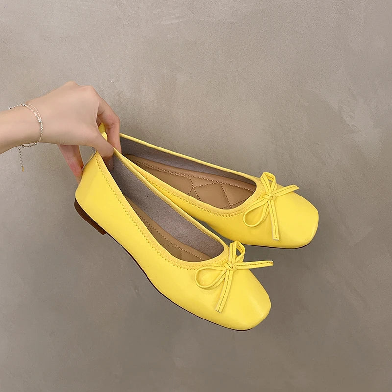 2026 Brand Women Flats Spring New Square Toe Bowknot Ladies Casual Ballet Shoes Big Size Slip on Soft Eelgant Dress Shoes 12457