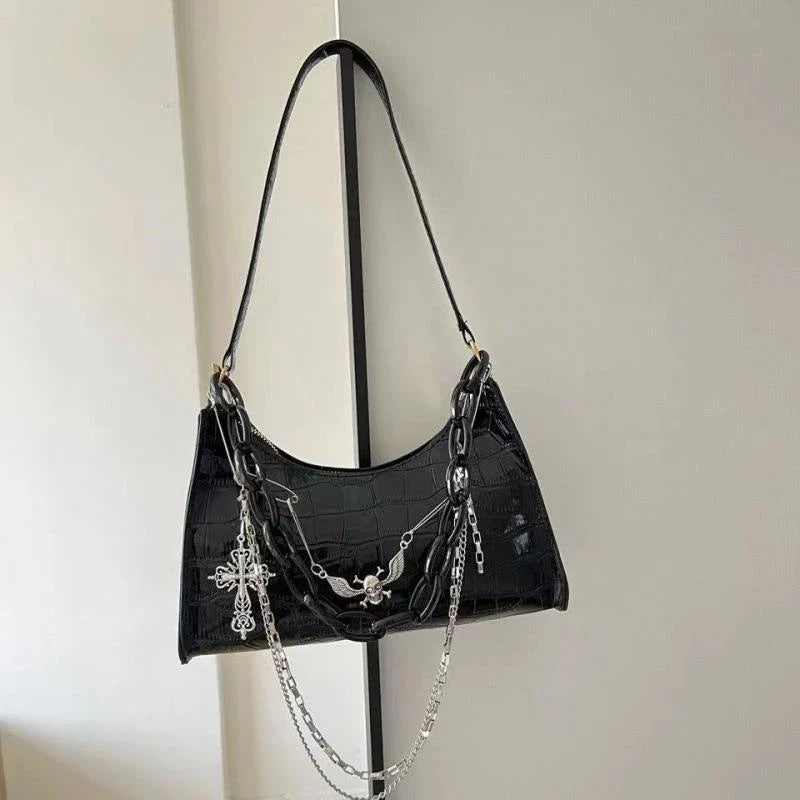 Gothic Dark Punk Underarm Bag | Skull Shoulder Bag & Y2K Chain Crocodile Pattern Crossbody Bag (Korean Popular Aesthetic Handbags)