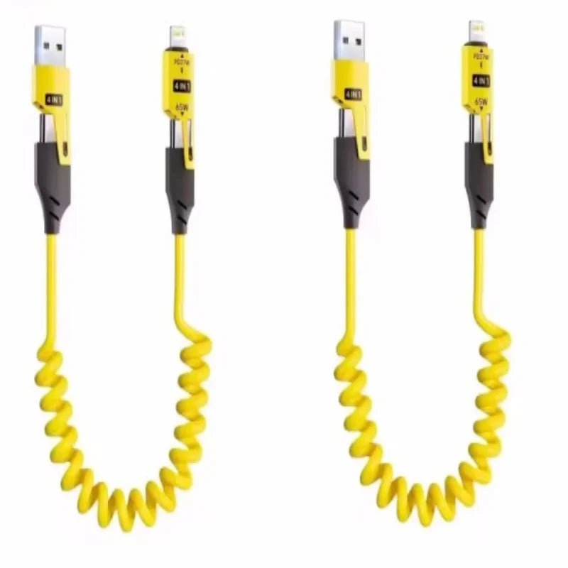 2PCS 4 in 1 65W Spring Short Data Cable 6A USB Type C Spring Telescopic Quick Charger Wire Spring USB Cable for IPhone15 141312