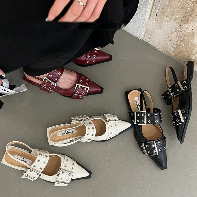 Women Flat With Shoes 2026 Designer Luxury Buckle Fashion Ladies Flats Shoes Slingback Pointed Toe Casual Female Sandals Mules