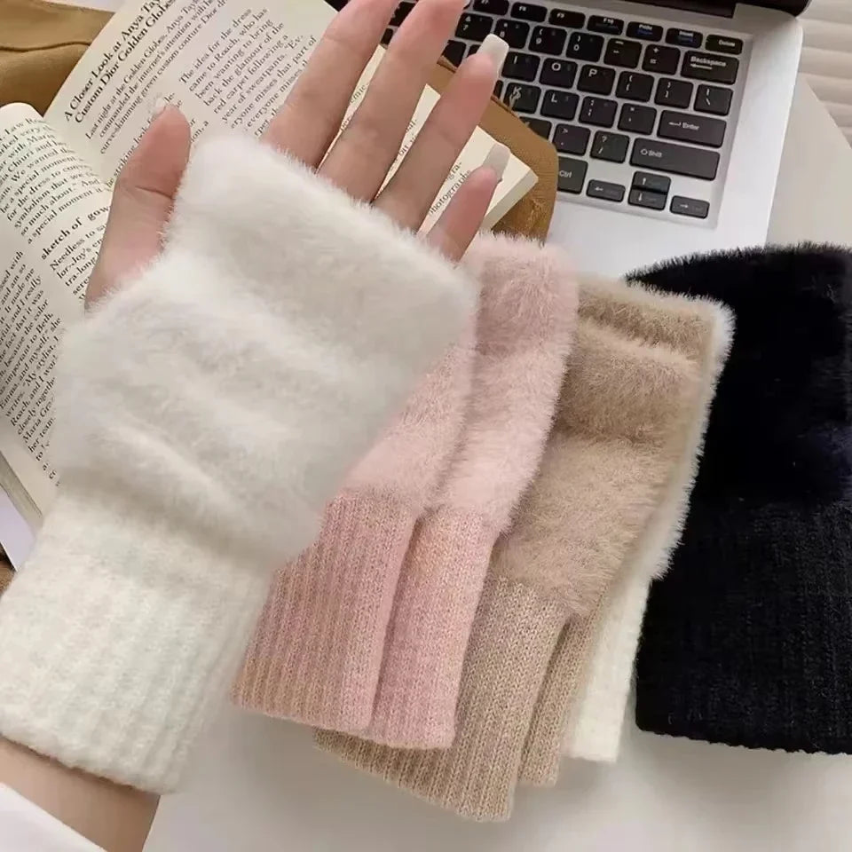 Women'S Luxury Plush Fleece-Lined Winter Gloves - Thick Warm Half-Finger Gloves with Elastic Cuffs Winter Gloves For Women