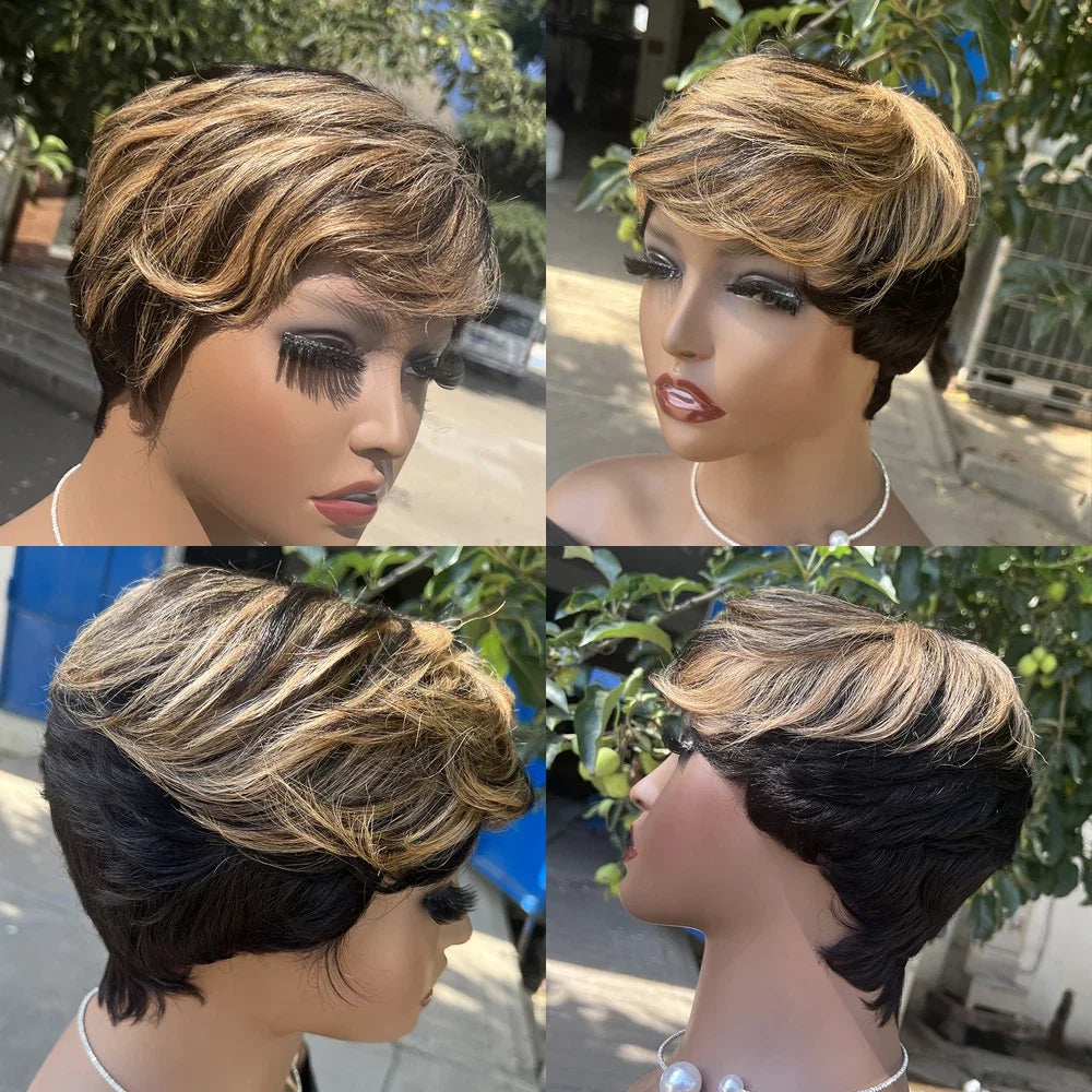 Short Pixie Cut Human Hair Wig with Bangs | Brazilian Remy, Machine Made