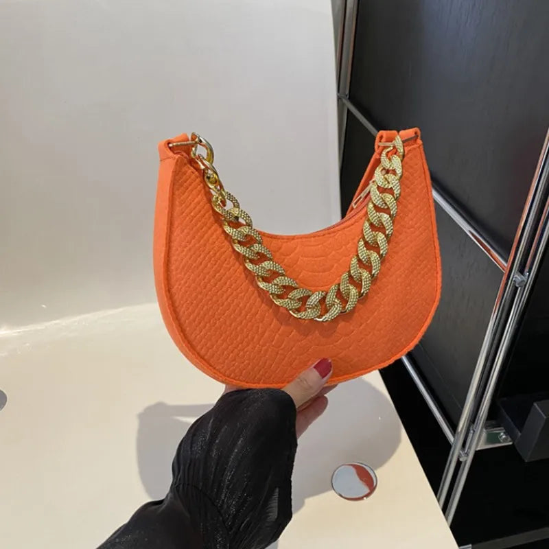 Fashion Women's Felt Handbag | Imitation Metal Chain Underarm Bag (Retro Ladies Solid Color Shoulder Bag, Trendy Casual Clutch Purse)