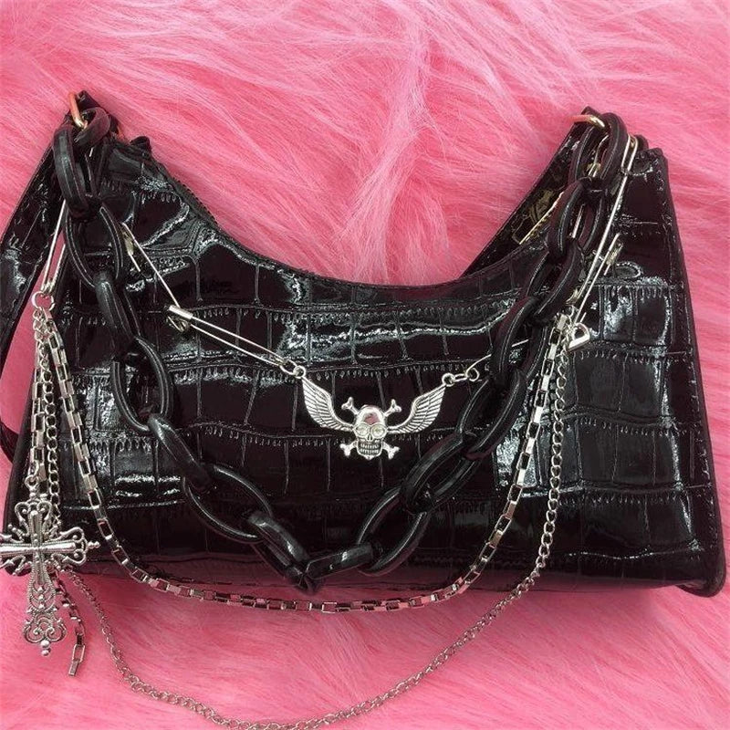 Gothic Dark Punk Underarm Bag | Skull Shoulder Bag & Y2K Chain Crocodile Pattern Crossbody Bag (Korean Popular Aesthetic Handbags)