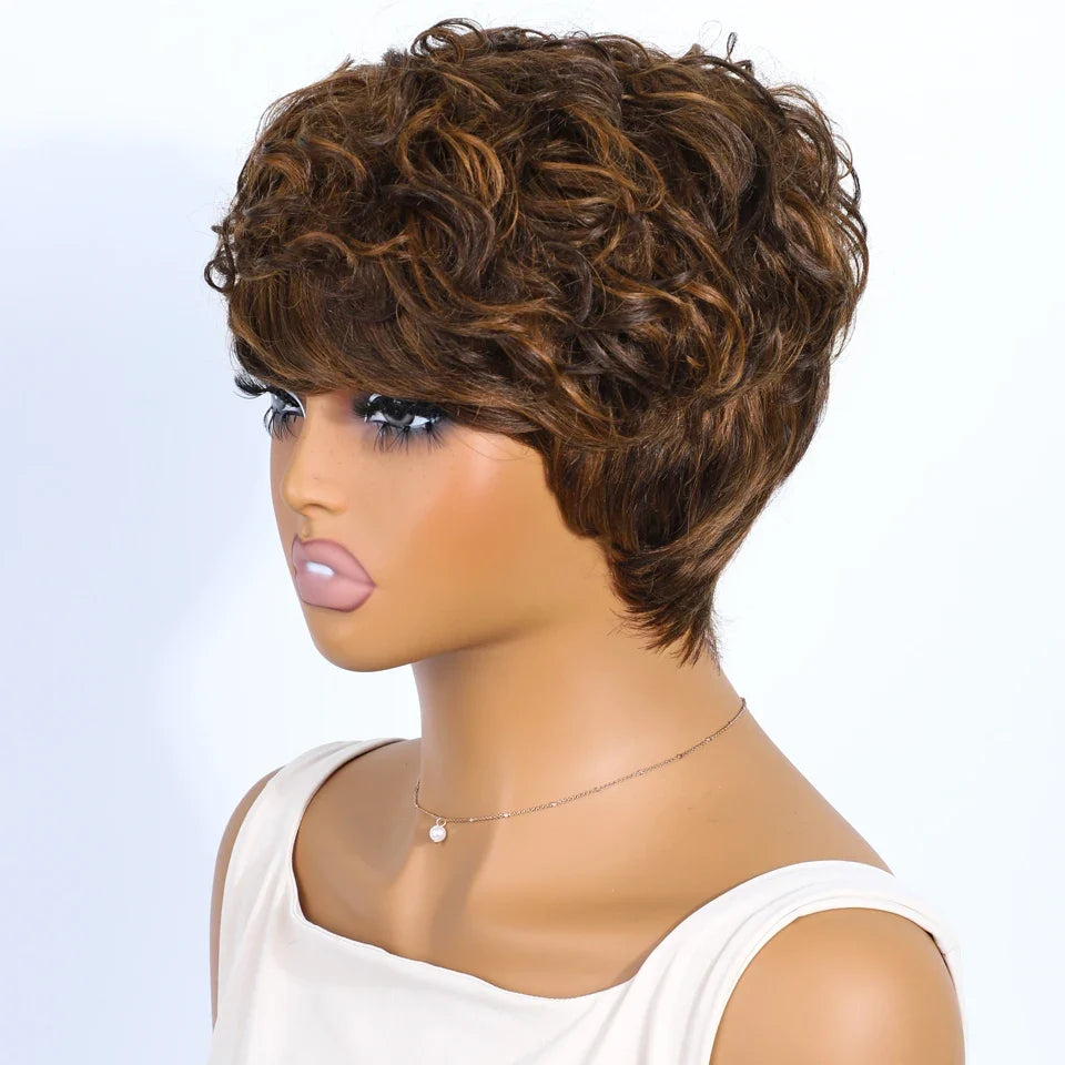 Rebecca Mixed Brown Pixie Cut Wig | Curly Side Part Brazilian Human Hair