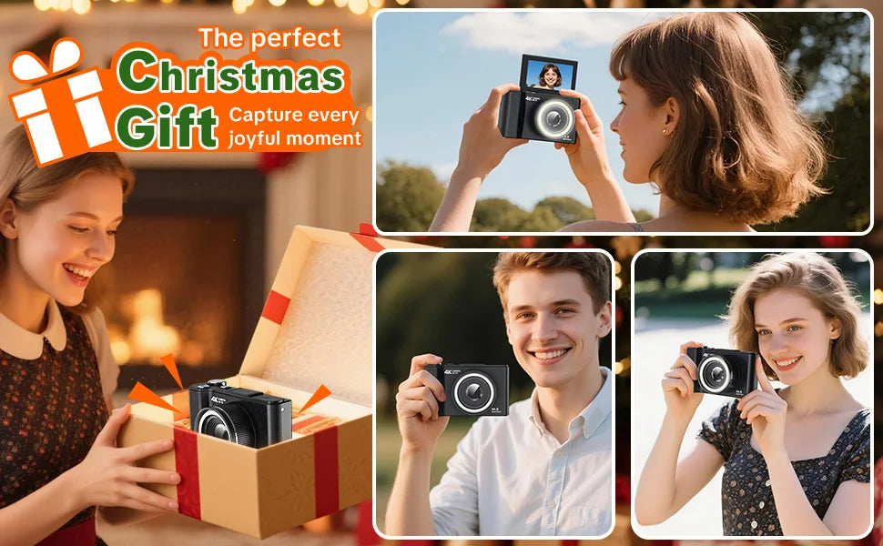 4K Digital Camera for Photography,4k Camera with Ring Light，180° Flip Screen Camera for Vlogging with Beauty Mode,Point and Shoot Digital Cameras for Beginner with SD Card，Christmas Gift