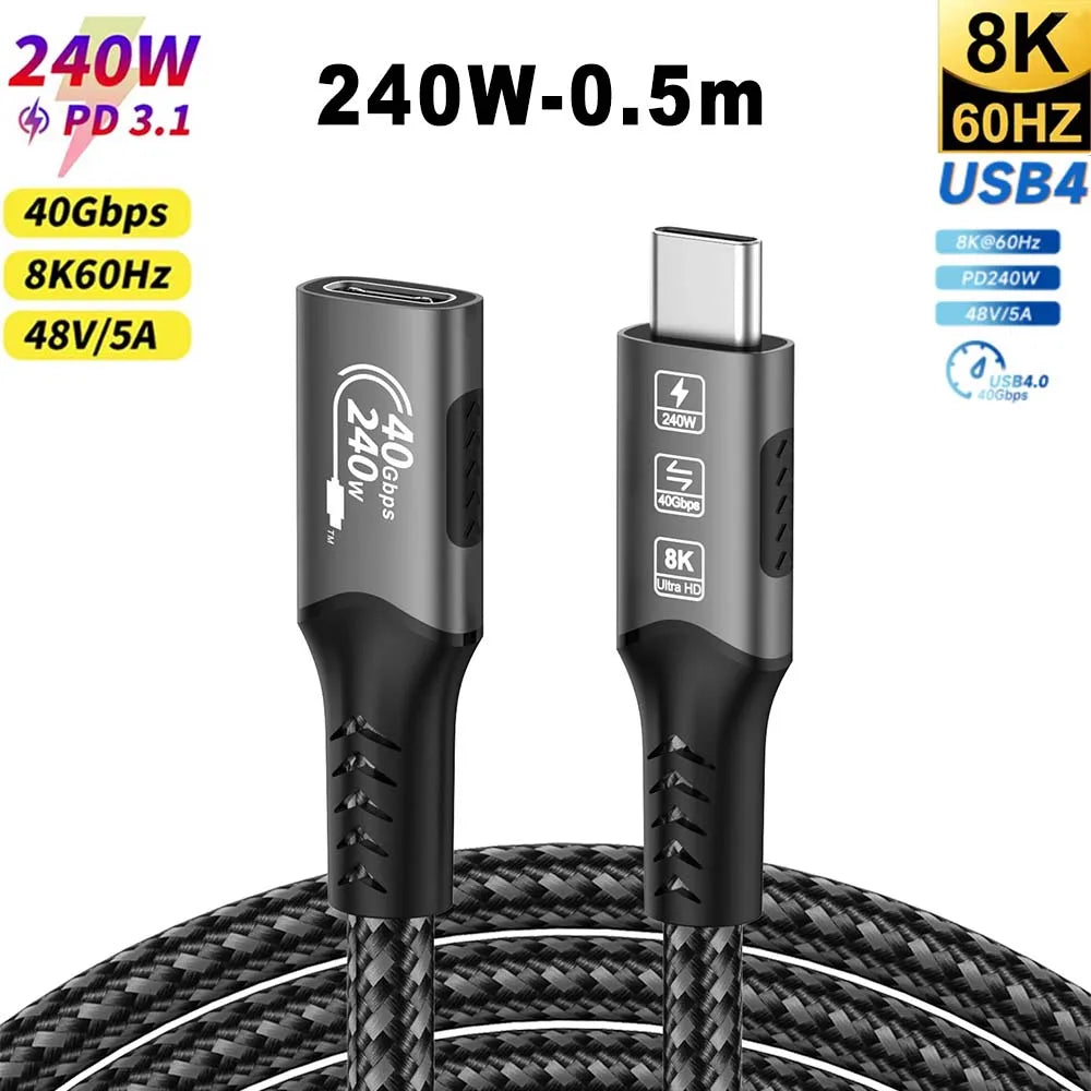 USB4 Cable 40Gbps 48V 240W For Thunderbolt 4 Type C Fast Charging Cable Thunderbolt3 USB C to C Data Transfer Cable For Laptop