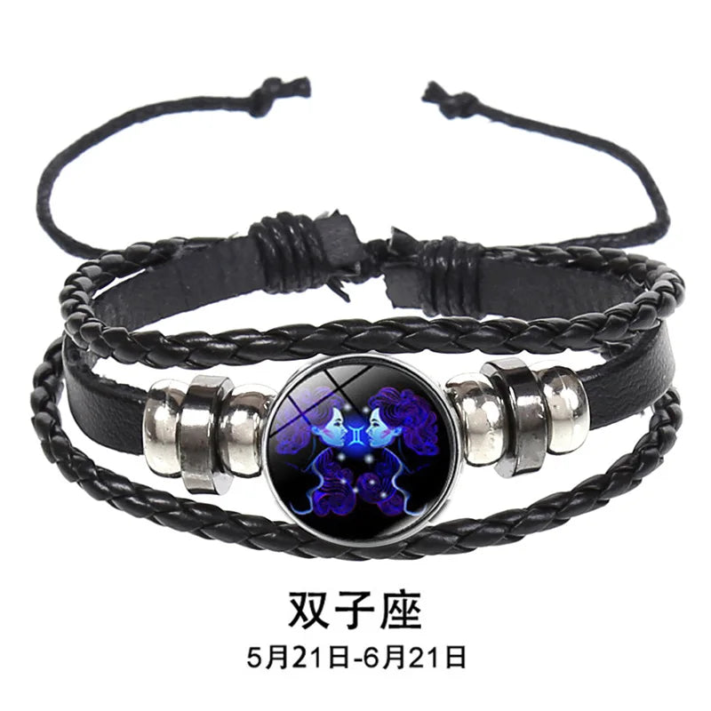 12 Constellation Zodiac Sign Charm Luminous Bracelets Men Women Vintage Multilayer Wrap Leather Chain Bangle Birthday Jewelry