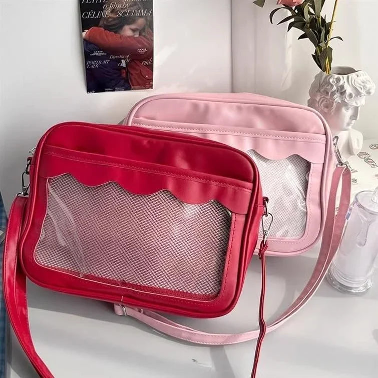 Women's PU Transparent Pocket Ita Bag | High School Girls JK Uniform Crossbody Shoulder Handbag (Fashion Satchel)