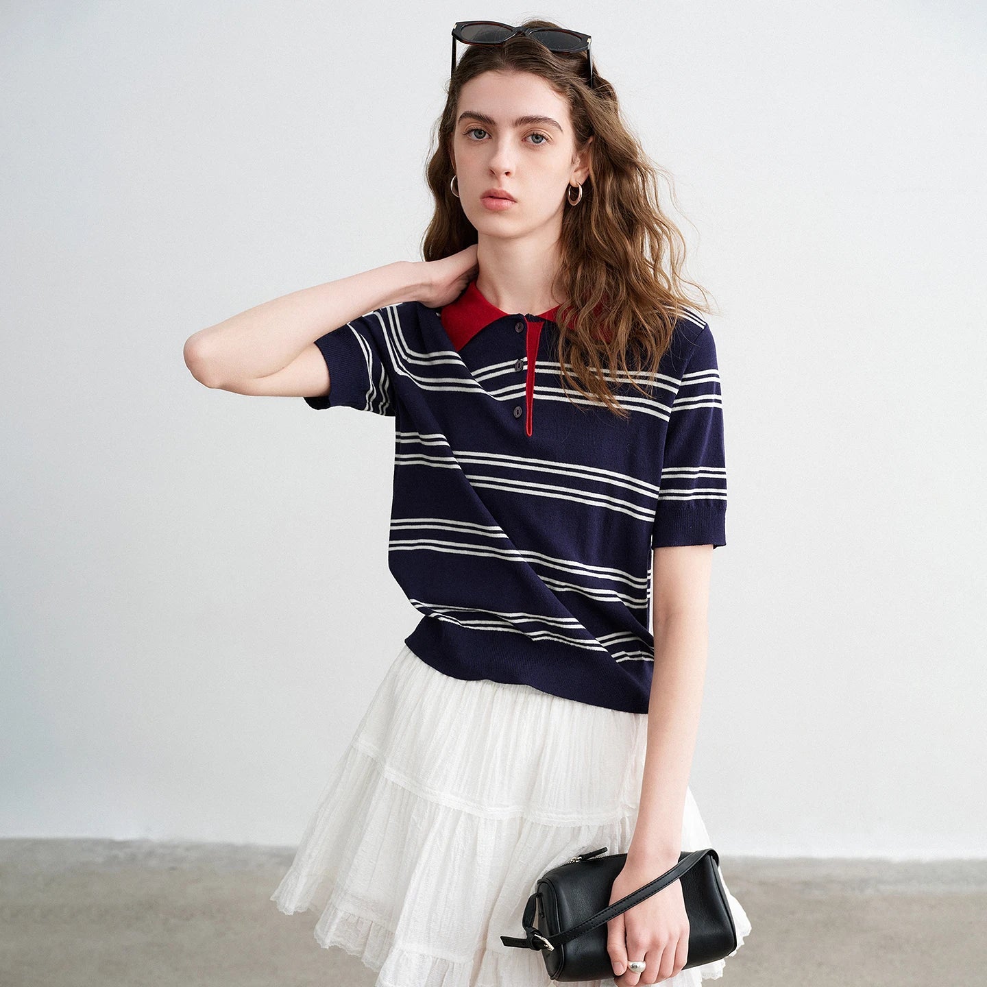 TOYOUTH Women Intellectual Striped Polo Shirt 2026 Spring New Lyocell Linen Breathable Comfort Knit Top
