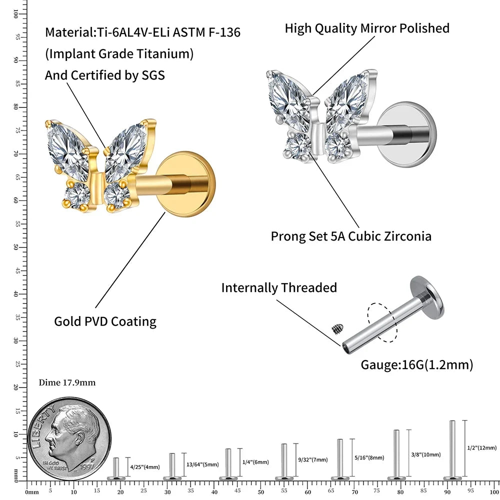 Right Grand ASTM F136 Titanium 16G Mini Butterfly CZ Labret Tragus Cartilage Conch Forward Helix Stud Nose Piercing Body Jewelry