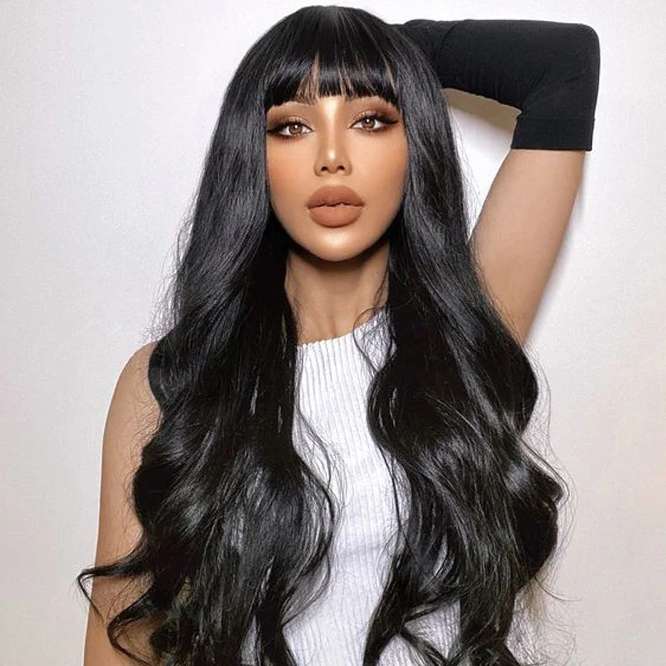 Natural Color 24" Body Wave Wig with Bangs | 180% Density Remy Human Hair Middle Part Lace