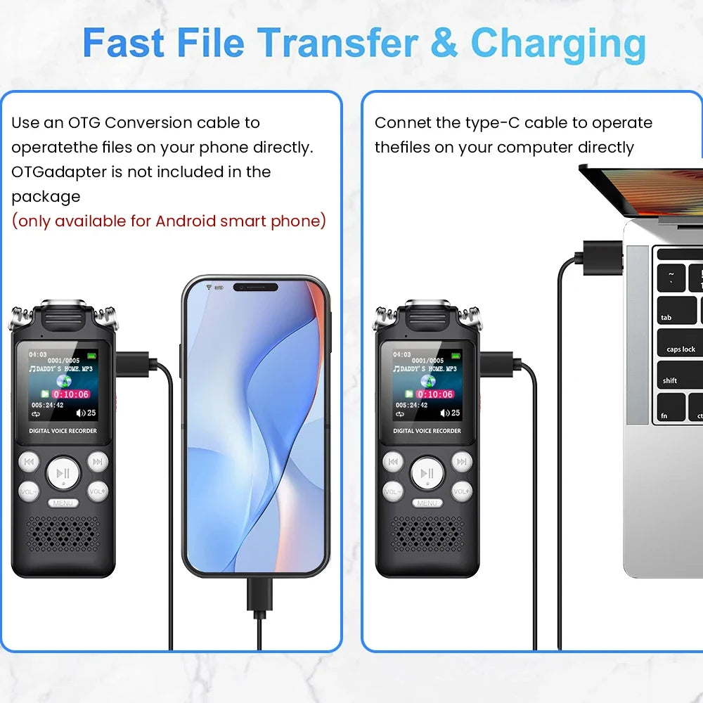 Professional Voice Activated Digital Audio Voice Recorder 8GB 16GB 32G Noise Cancelling Recording PCM Support OTG WAV MP3 Player