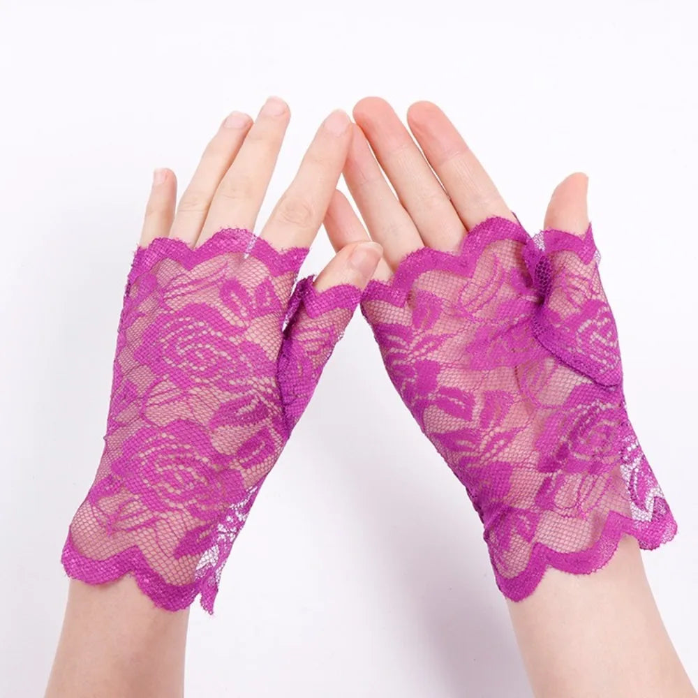 Women Short Lace Hollow-Out Fingerless Gloves Sun Protection Sleeves Mesh Thin Cycling Sexy Mittens Half Finger Handschoenen
