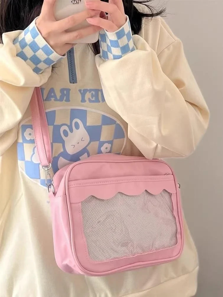 Women's PU Transparent Pocket Ita Bag | High School Girls JK Uniform Crossbody Shoulder Handbag (Fashion Satchel)