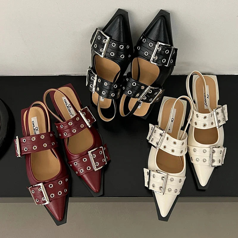 Women Flat With Shoes 2026 Designer Luxury Buckle Fashion Ladies Flats Shoes Slingback Pointed Toe Casual Female Sandals Mules