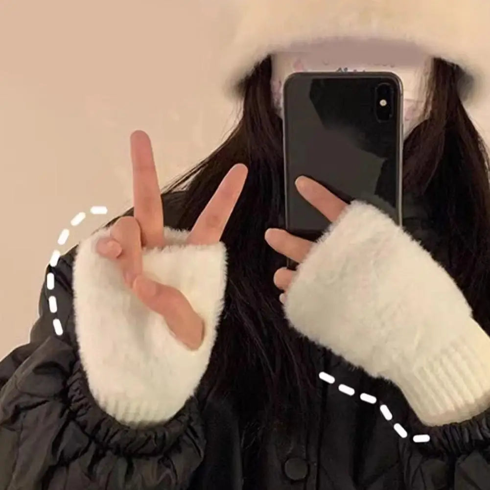Half-finger Plush Winter Gloves Touch Screen Cold-proof  Warm Fingerless Knitted Wrist Guard Student Office Writing Work Outdoor